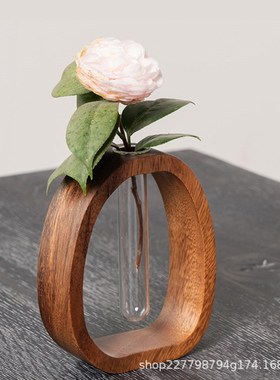 胡桃木实木花器创意插花摆件简约C玻璃植物迷你水养花瓶家居摆件