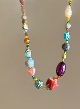 新中式彩色琉璃串珠项链女款2025新款多巴胺锁骨链高级感颈链配饰