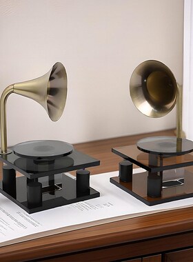 北欧轻奢高档做旧透明留声机w摆件样板房卧室书房桌面玄关软装饰