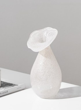 法式奶白色喇叭玻璃花瓶复古琉光内彩绘客厅酒店软装插花饰品摆件