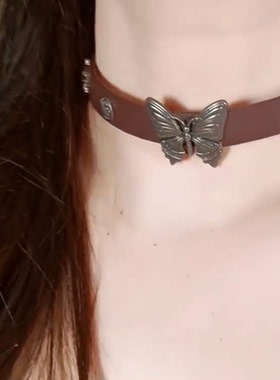 复古甜酷Y2K皮革蝴蝶项圈