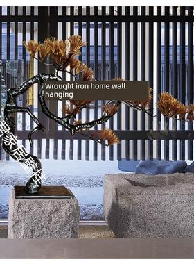 新中式迎客松铁艺玄关样板间落地金属底座摆件树雕塑艺术工艺装饰