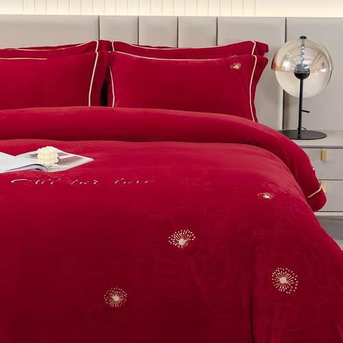 婚庆牛奶绒四件套大红加厚珊瑚绒法兰绒床单冬天双面加绒毛绒被套 - 图1