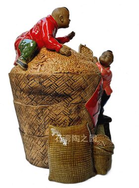 石湾陶瓷公仔吴满炽手工精品中式人物餐厅家居装饰摆件童趣庆丰收