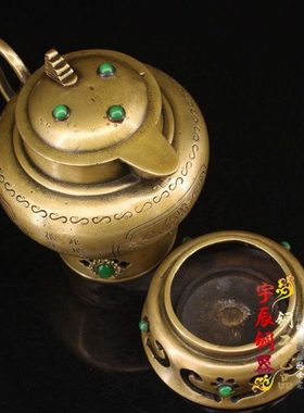 古玩收藏纯铜錾刻镶嵌宝石茶壶炭火炉烧水壶黄铜水壶烧炭铜茶壶