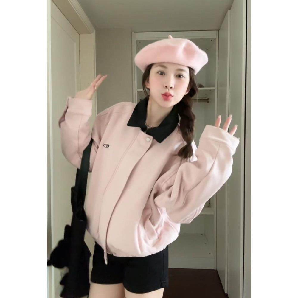 韩系粉色麂CAG套皮5香风外女春小秋202新款美式短款小众夹克翻领,淘宝优惠券,粉丝福利购,淘宝优惠卷