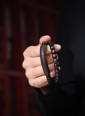 沉香木雕刻五条经文双圈手链手持新中式弯管手串文玩念佛珠车挂件