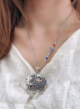 925纯银秋冬毛衣链烧蓝长款2023年新款潮复古民族风项链百搭礼物