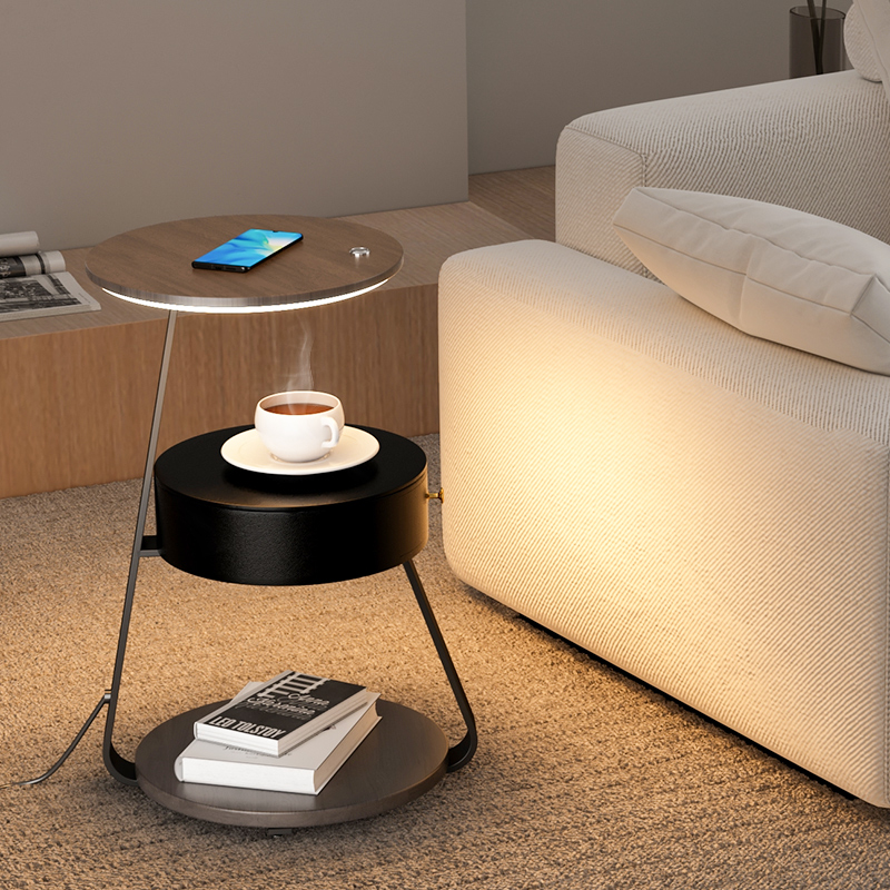 沙发边几角几轻奢简约现代带灯客厅卧室床头侧边柜置物小圆桌茶几 - 图1
