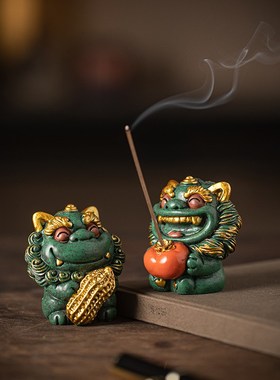 国潮风狮爷好f柿发生瑞兽摆件一对创意可爱系家具办公桌面装饰礼