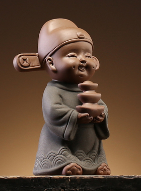 创意紫砂招财手工摆件旺财童子人物家居博古架办公室桌面装饰品