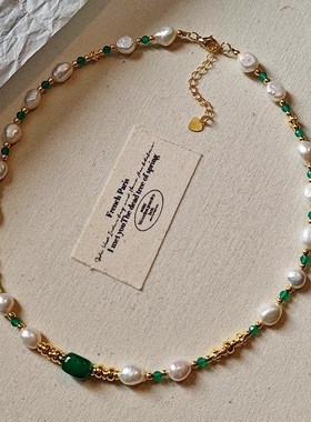 异形巴洛克淡水珍l珠绿玉髓玛瑙项链女时尚新中式复古绿水晶锁骨