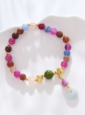 天然碧玺手链女单圈多彩手串y水晶石搭配翡翠平安扣手链现货