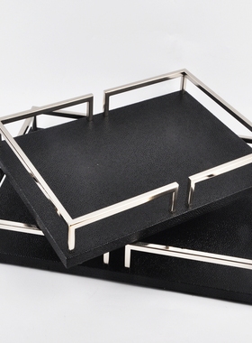 轻奢托盘摆件北欧风o客厅电视柜茶几样板房软装不锈钢皮质家居饰