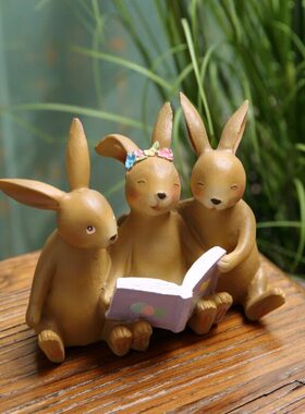 三只开心兔树脂摆件 欧式花园庭院别墅店铺桌面装饰礼物