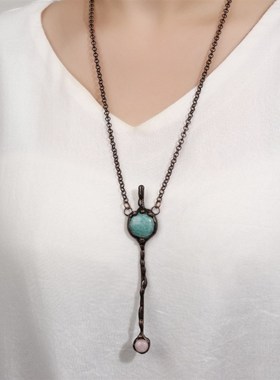 一条复古风天g然天河石圆饼组合粉晶圆饼宝剑吊坠项链女士派对礼