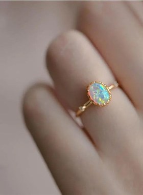 极光恋曲仿欧泊石复古宫廷x风镀S925银戒指女指环高贵典雅气