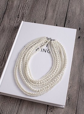 时尚夸张八层仿珍珠项链法式多层A叠戴锁骨链复古百搭圆珠链饰品