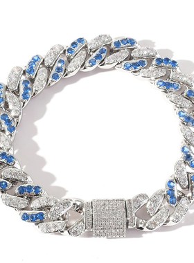 跨境欧美嘻哈手链 12mm微镶海蓝白锆石E古巴链hiphiop嘻哈潮流配