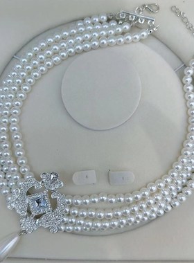 欧美跨境饰品 轻奢风方形水钻项链chEoker 复古仿珍珠串珠套装颈