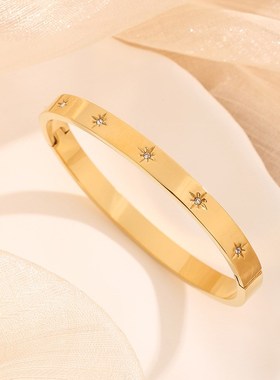 跨境热销钛钢卡扣手镯女不掉色气质百搭个性镶锆石六芒.星手环手