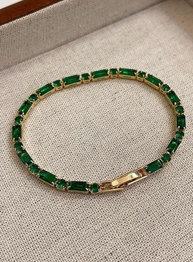 铜微镶复古祖f母绿锆石手链女闺蜜手饰韩版轻奢气质网红感手串
