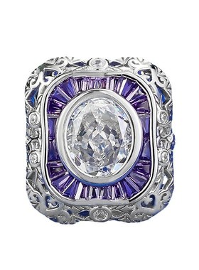 珠宝新e款S925银高碳钻白G色戒指9*11mm椭圆冰花切欧美跨境