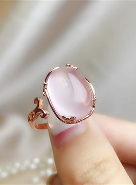 仿天然芙蓉石戒指女戒子招r桃花助镀S925银椭圆冰种粉水晶开口百