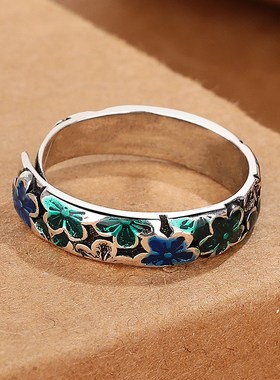 复古民族风d文艺范繁花梅花戒指女气质泰银做旧滴胶工艺创意手饰