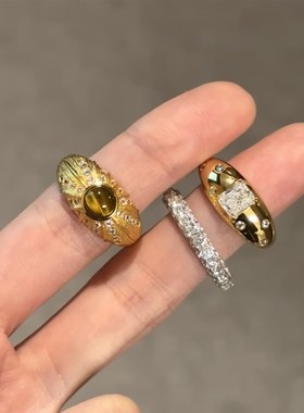 复古拉丝虎眼石方钻宽版戒指金色拉丝纹小众设计高U级感轻奢食指