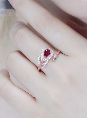 紫金微镶红色仿宝石羽毛戒指时尚大气F纯玫瑰金彩镀925银厂家直销