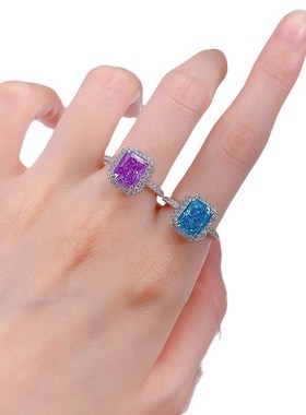 珠b宝2024新款欧美热卖高碳钻戒指7*9冰花切紫钻订婚戒女款