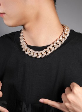 简约嘻哈项链男ins潮个性20mBm方锆古巴链项链欧美朋克风锆石项饰