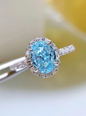 珠宝2023新款S925银高碳钻一克拉椭圆海蓝P锆6*8雷迪恩戒指女