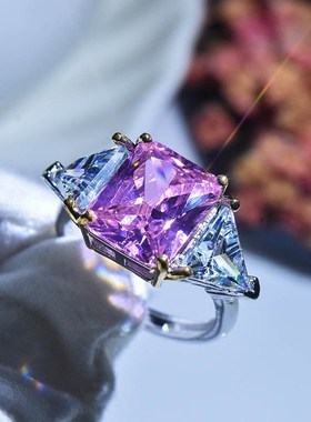 直播货源超闪公主l方形戒指 粉色锆石八心八箭仿真莫桑钻开口女戒