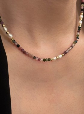 安小柏法式复古天然珍珠天然石小碧玺轻奢精致叠带锁骨链女项链