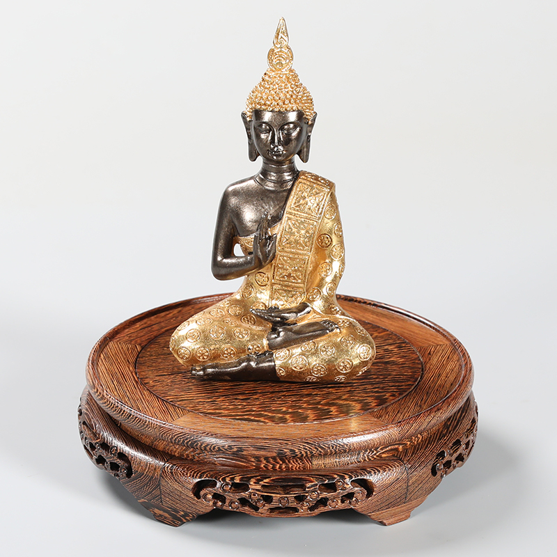 鸡翅木实木观音佛像工艺品摆件石头底座托架圆形花瓶鱼缸花盆底座