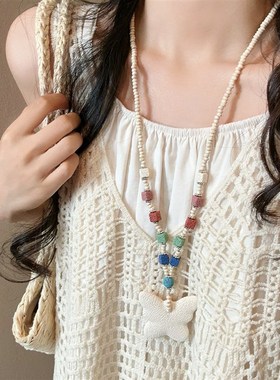 多巴胺彩色串珠火山石爱心项链女小众设计海星锁骨链海边长款配饰