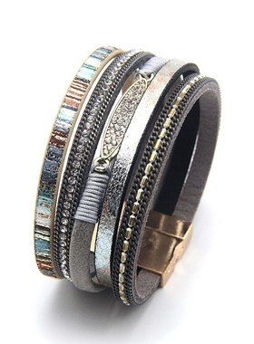 跨境新品复古手饰k多层编织手镯波西米亚民族风磁扣女士瑜伽手链