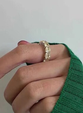 珠宝S925银肥方5*5mm黄钻排钻戒指叠戴钻Q戒指女ins风戒指环