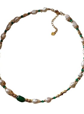 异形巴洛克淡水h珍珠绿玉髓玛瑙项链女时尚新中式复古绿水晶锁骨