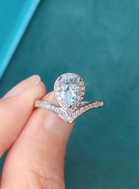 天然天空蓝托帕石戒指 抖音基z地检测天然橄榄石水滴梨形皇冠戒指