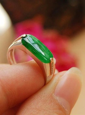 热销秀气简约满色绿马鞍q镀S925银镶嵌仿玉髓戒指复古小众时尚气