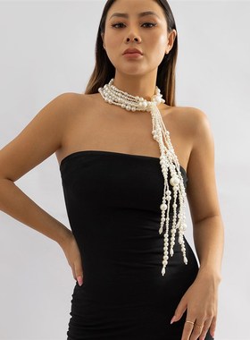 欧美跨境饰品 夸张时尚风秀场流苏项E饰 长款复古仿珍珠围脖项链