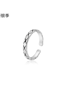 S925银菱格纹素圈开口纯银戒指