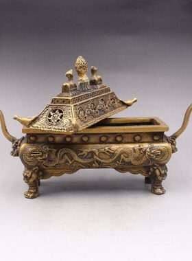 仿古纯铜卧香炉家用尼泊尔双龙八吉祥黄铜檀香炉香薰炉线香炉摆件