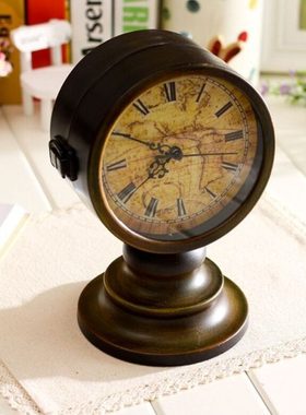 欧式复古铁艺做旧双面座钟时钟摆件 家居店铺客厅装饰钟表摆设