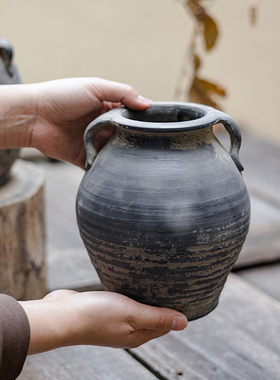 黑陶复古花d瓶粗陶简约艺术客厅桌面陶瓷摆件冬青干花装饰插花花