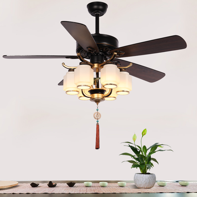 新中式风扇灯客厅吊扇灯餐厅灯扇一体家用复古木叶静音卧室电扇灯 - 图0