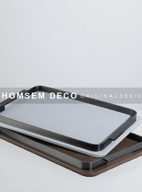 现代极简金属手柄方形纹理收纳托盘家居I摆件样板间客厅售楼处摆